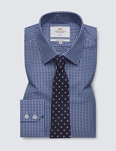 Men's Formal Navy & White Gingham Check Extra Slim Fit Shirt - Single Cuff - Non Iron