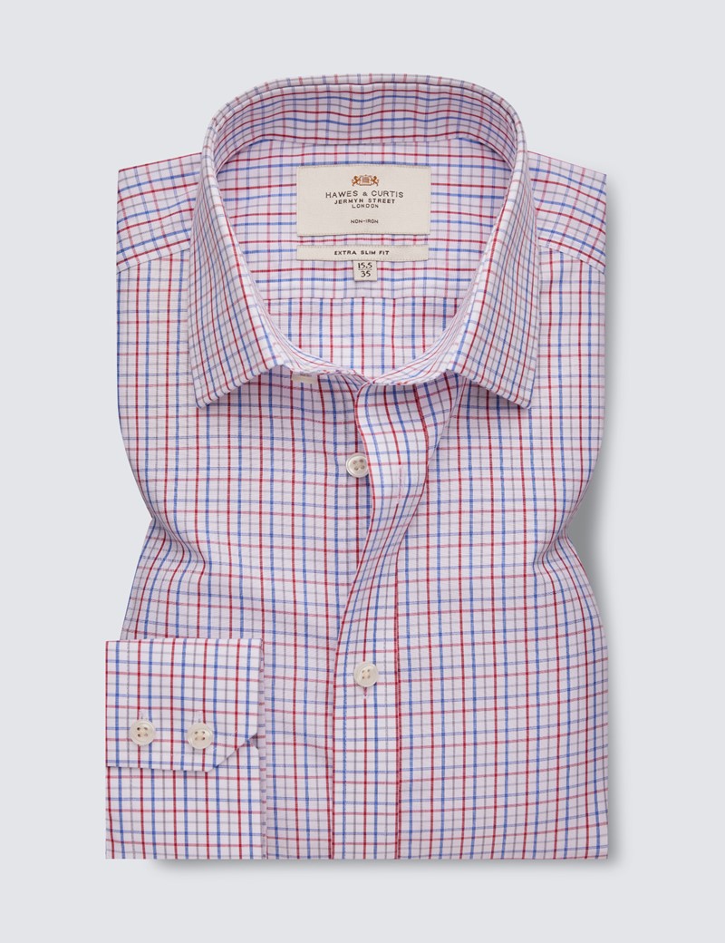 Non Iron Red & Blue Multi Check Extra Slim Fit Shirt - Single Cuffs