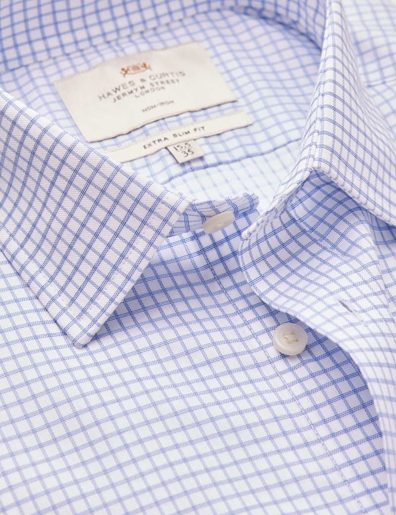 Non Iron Blue & White Windowpane Check Extra Slim Fit Shirt - Single Cuffs