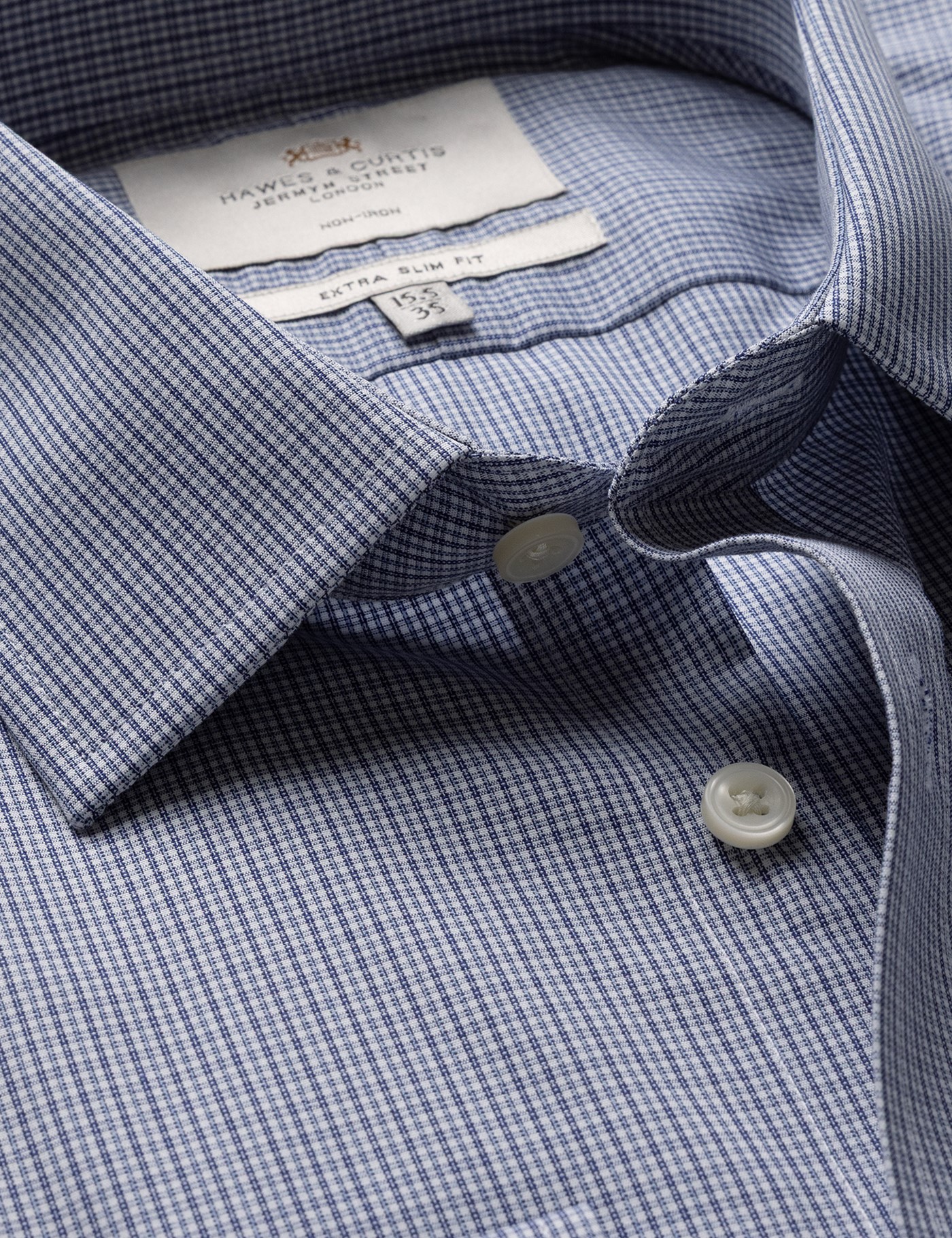 Hawes & Curtis Extra Slim Fit Navy & White Small Check Non-Iron Shirt Size: 14.5" collar, 33" sleeve