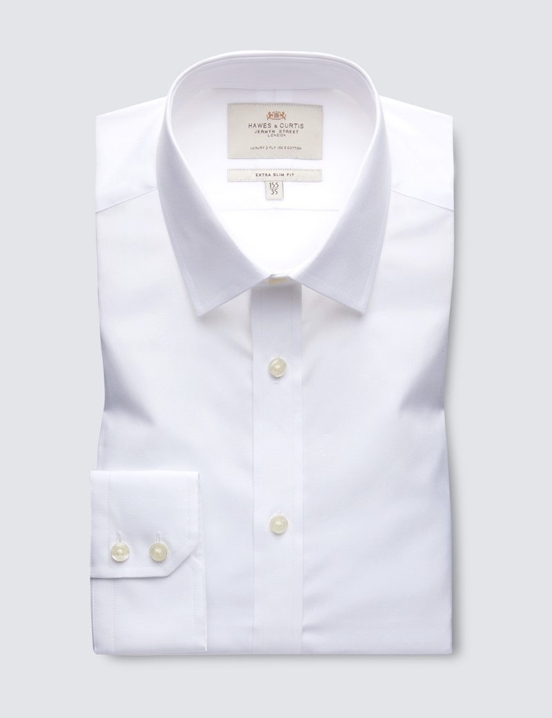 Easy Iron White Poplin Extra Slim Fit Shirt with Semi Cutaway Collar - Single Cuffs