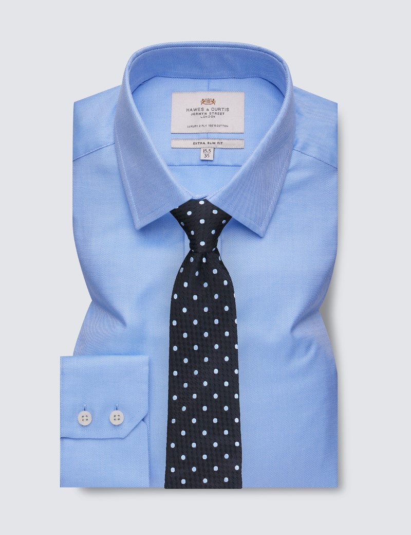 Easy Iron Blue Twill Extra Slim Fit Shirt With Semi Cutaway Collar - Single Cuffs