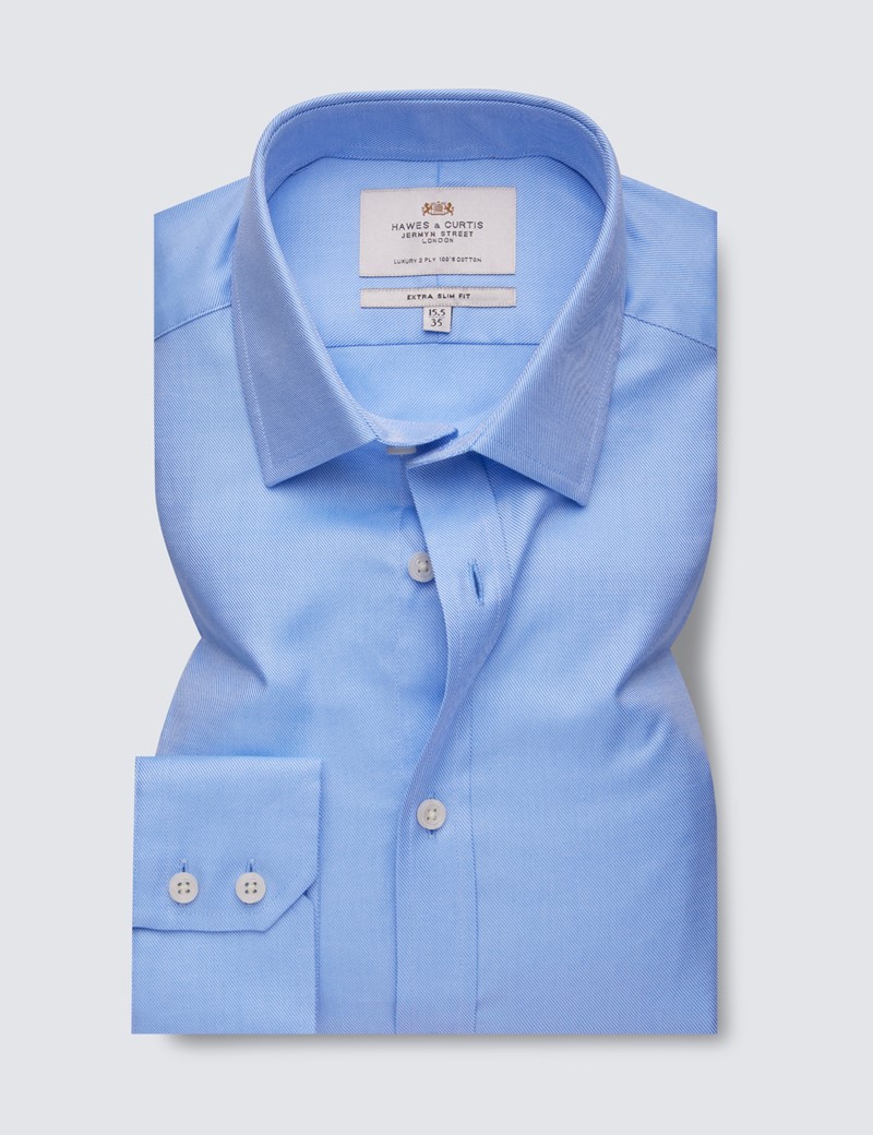 Easy Iron Blue Twill Extra Slim Fit Shirt With Semi Cutaway Collar - Single Cuffs