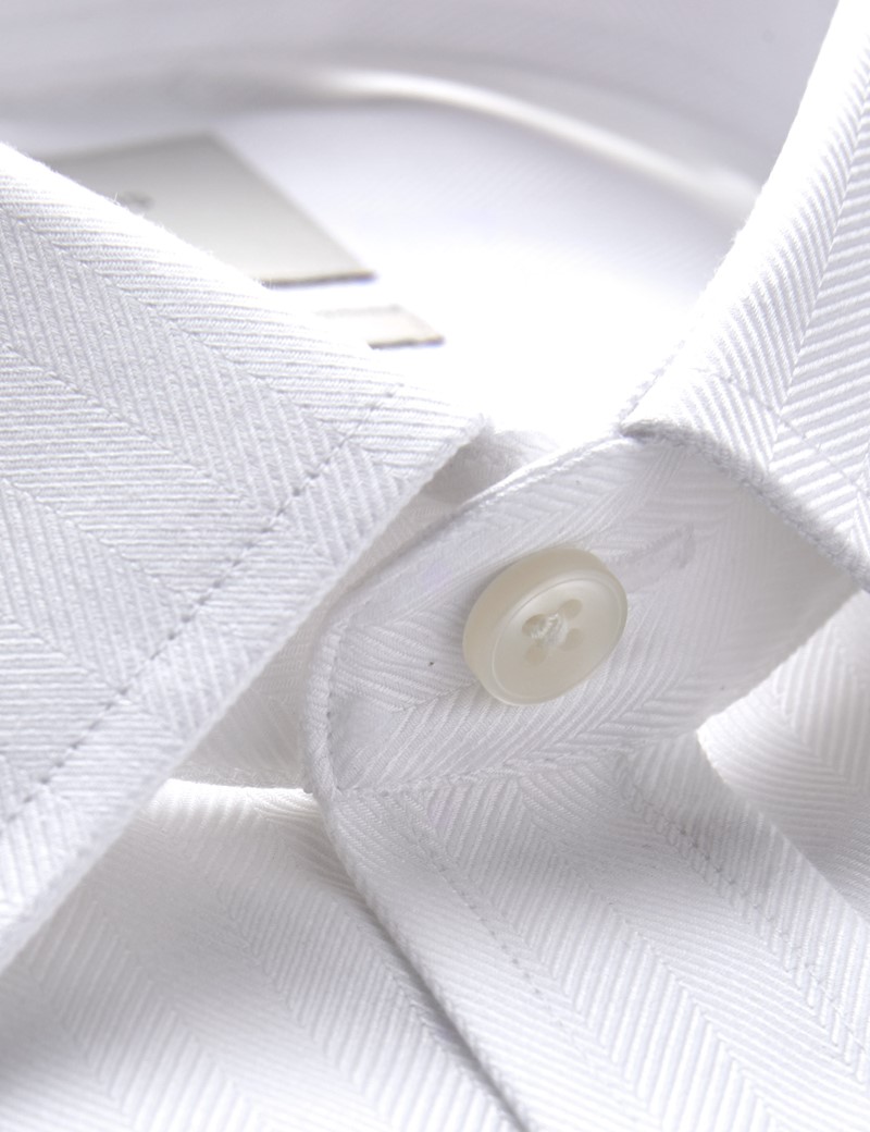 Easy Iron White Herringbone Extra Slim Fit Shirt with Semi Cutaway Collar - Single Cuffs