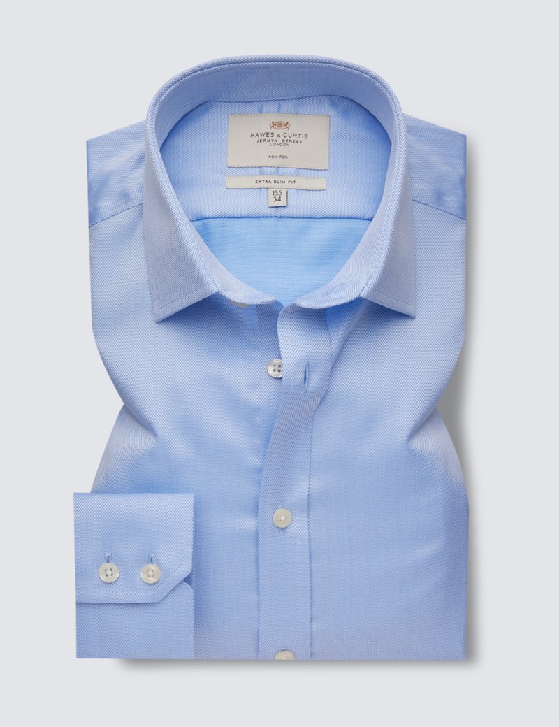 Non Iron Blue Pique Extra Slim Fit Shirt - Single Cuff