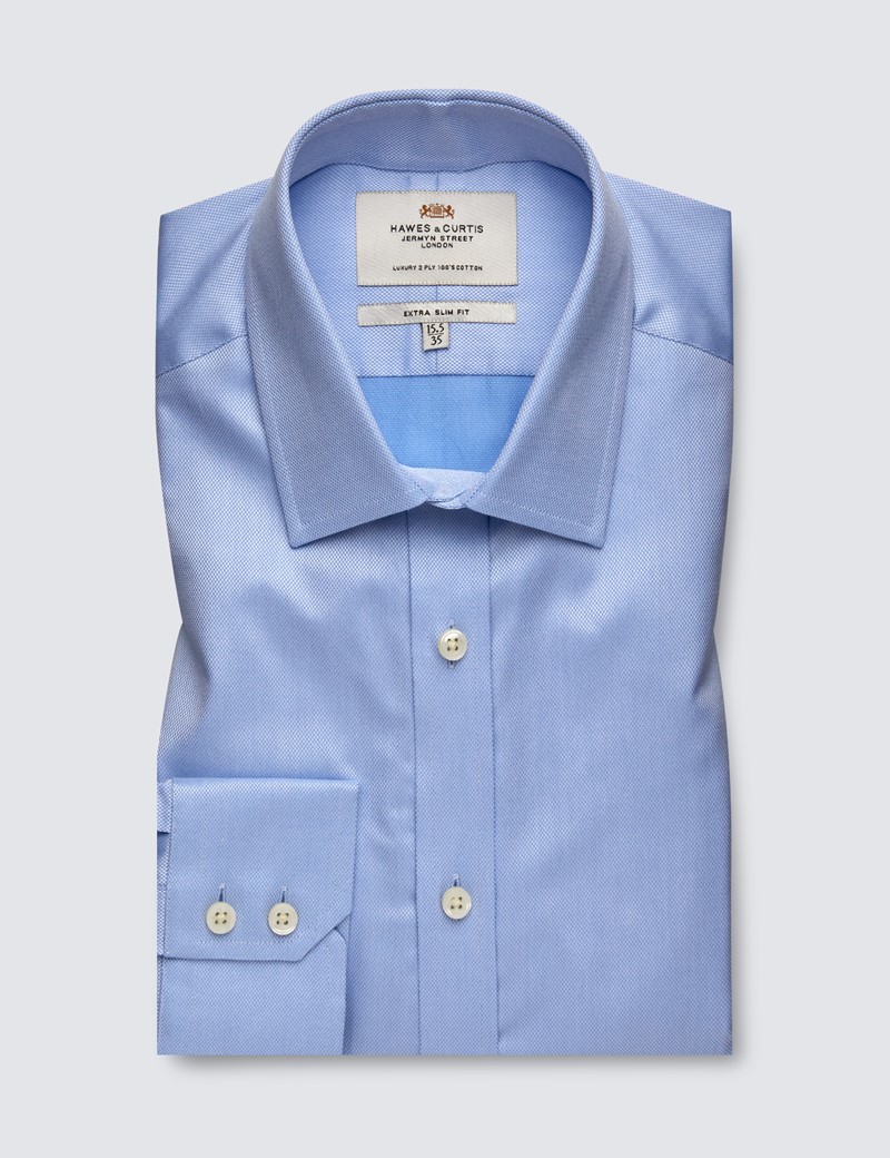 Men's Dress Blue Pique Weave Extra Slim Fit Shirt - Single Cuff - Easy Iron