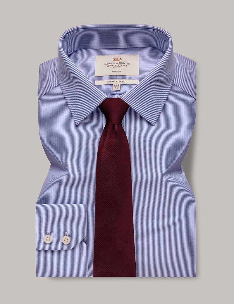 Men's Non-Iron Blue & White Bengal Stripe Extra Slim Shirt | Hawes & Curtis