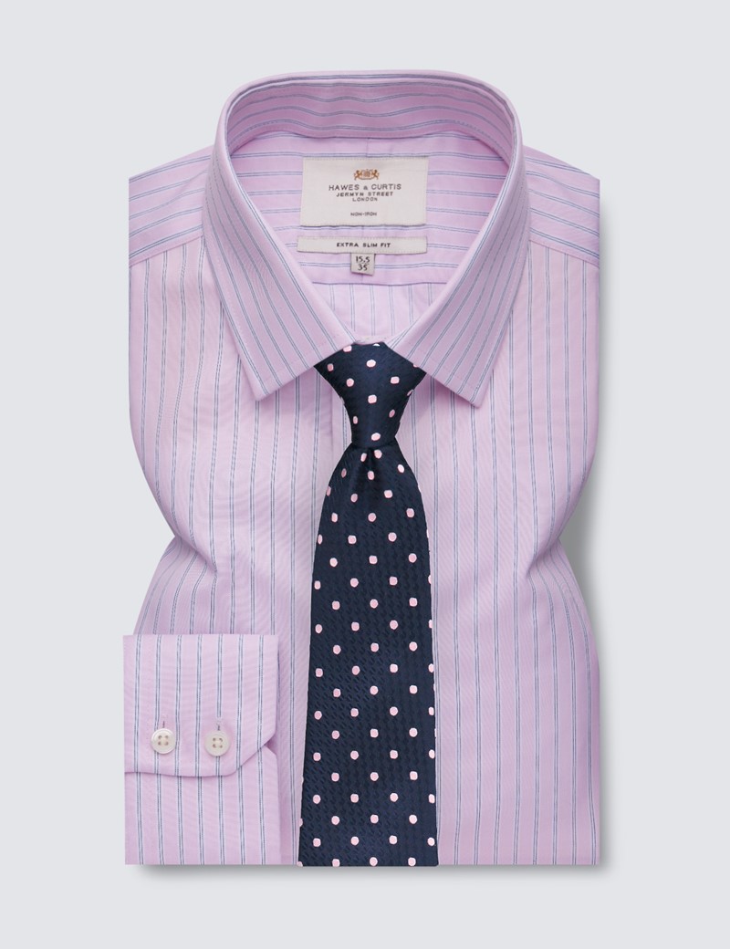 Non Iron Pink & Navy Multi Stripe Extra Slim Fit Shirt With Semi Cutaway - Single Cuffs