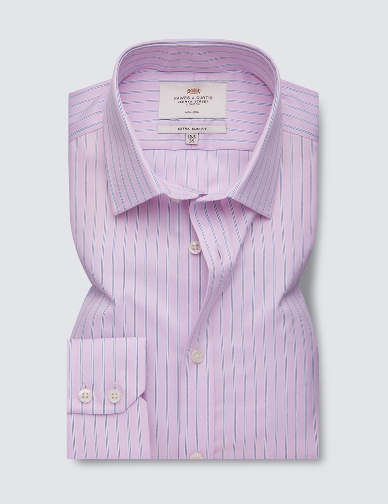 Non Iron Pink & Navy Multi Stripe Extra Slim Fit Shirt With Semi Cutaway - Single Cuffs