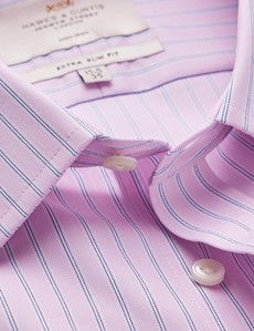 Non Iron Pink & Navy Multi Stripe Extra Slim Fit Shirt With Semi Cutaway - Single Cuffs