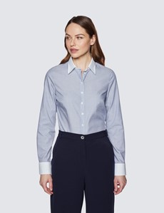 Women's Executive Grey End On End Semi Fitted Shirt With White Collar - Single Cuffs