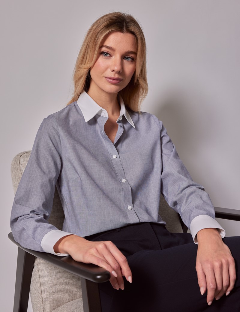 Women's Executive Grey End On End Semi-Fitted Shirt With White Collar