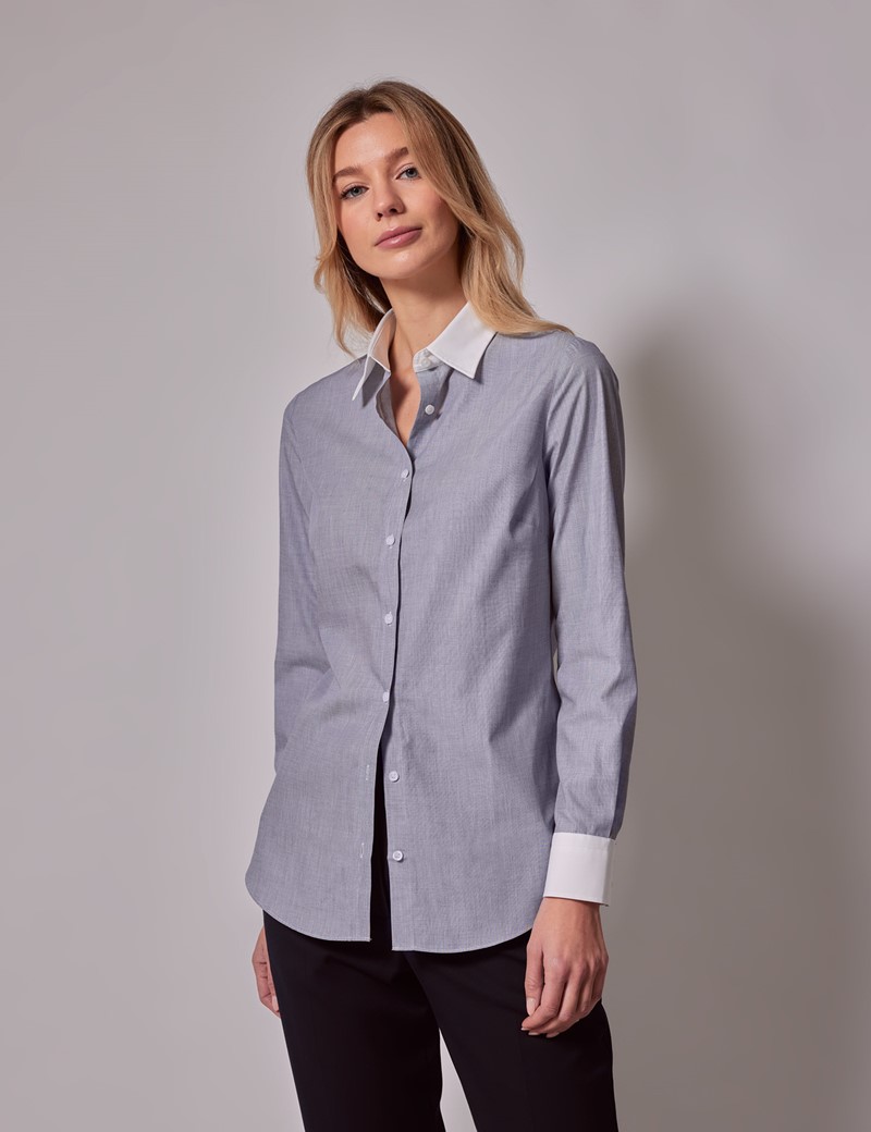 Women's Executive Grey End On End Semi-Fitted Shirt With White Collar