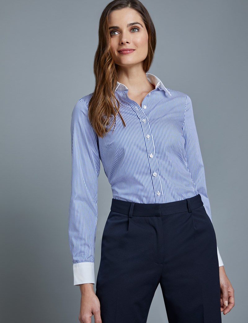 Women's Navy & White Stripe Semi Fitted Executive Shirt - Single Cuff ...