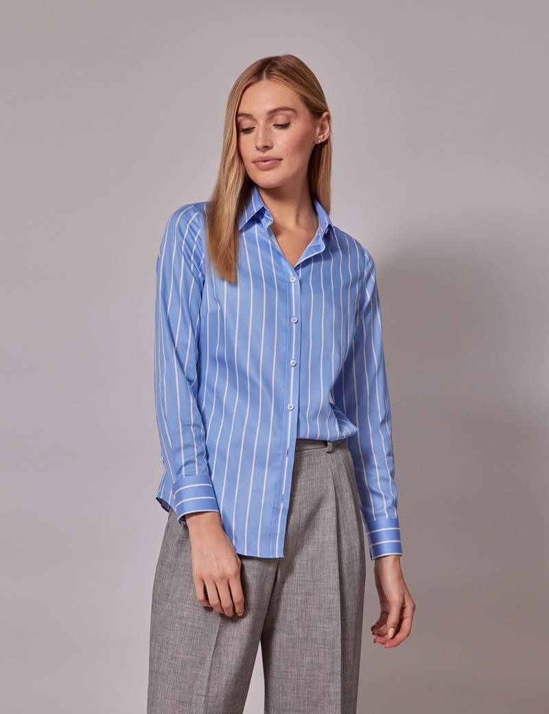 Women's Executive Blue & White Stripe Semi-Fitted Shirt | Hawes and Curtis