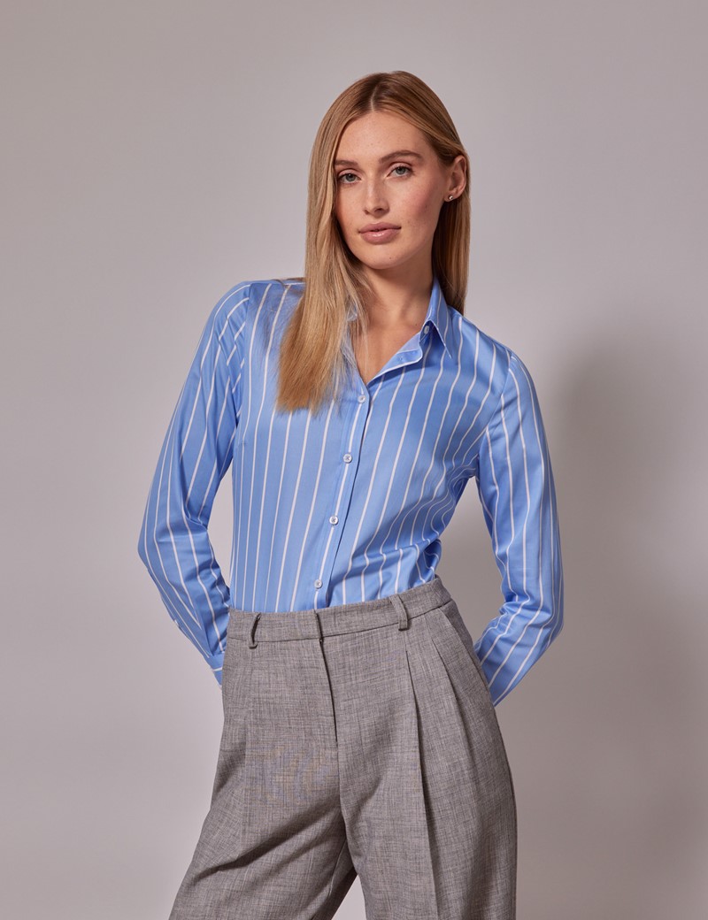 Women's Executive Blue & White Stripe Semi-Fitted Shirt | Hawes and Curtis