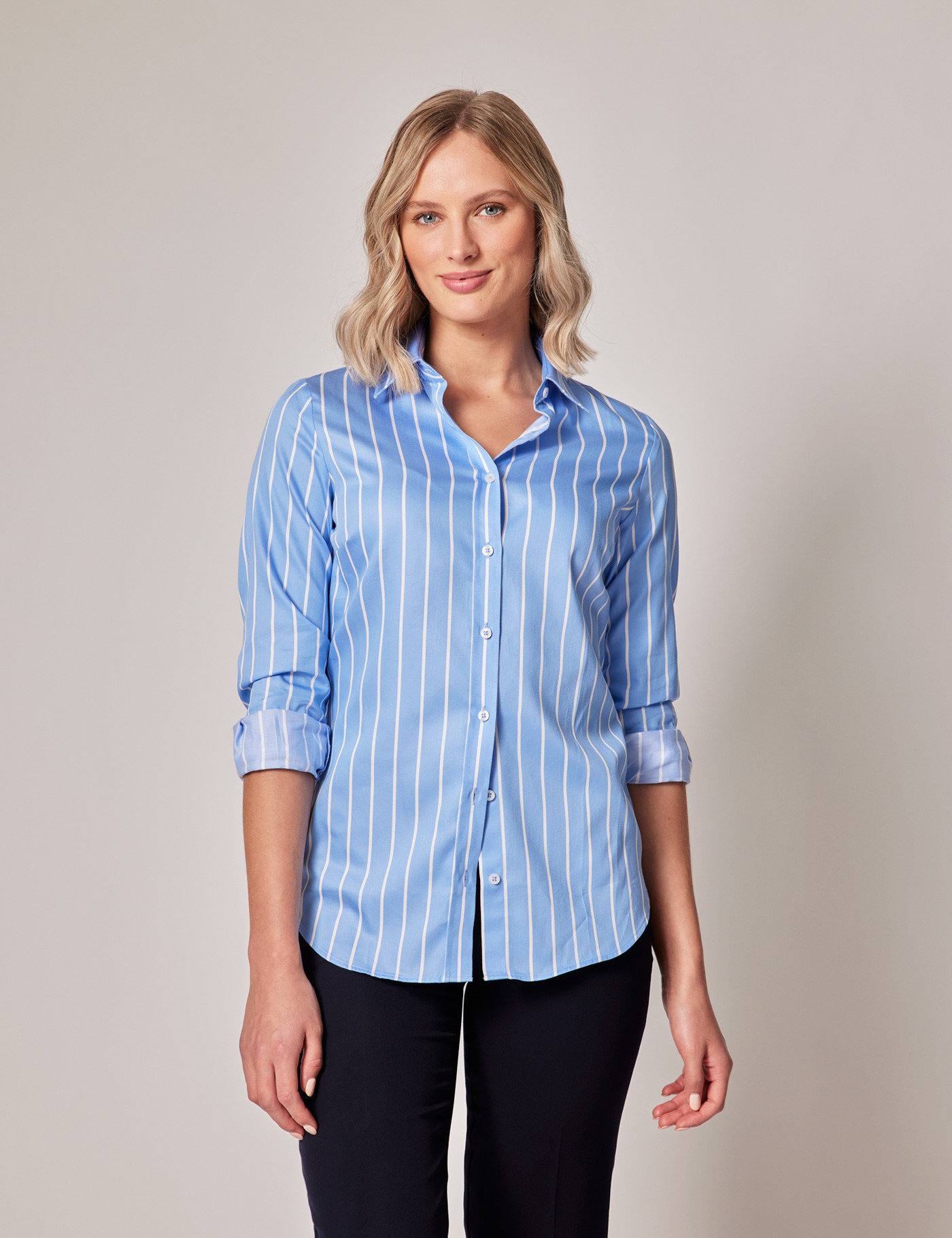 Executive Blue & White Fine Stripe Semi Fitted Shirt | Hawes And Curtis