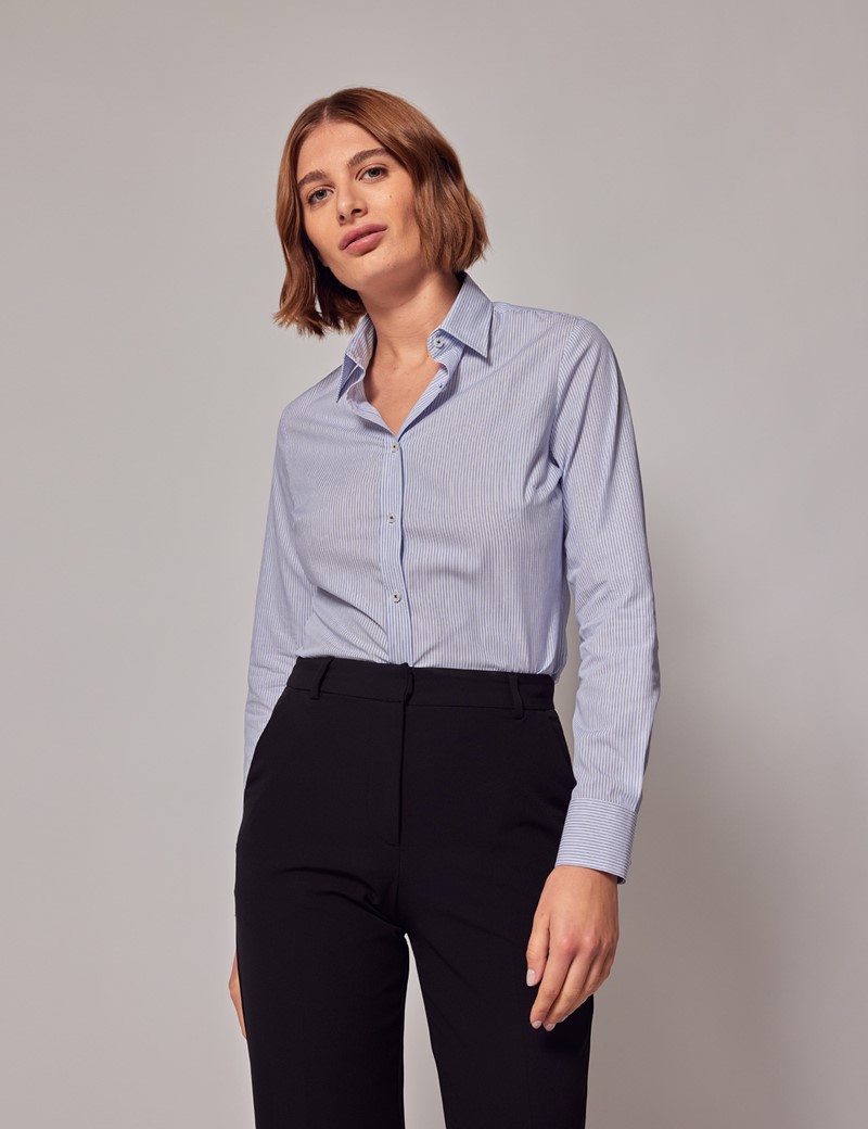 Woman's Executive Blue & White Fine Stripe Semi-Fitted Shirt | Hawes ...