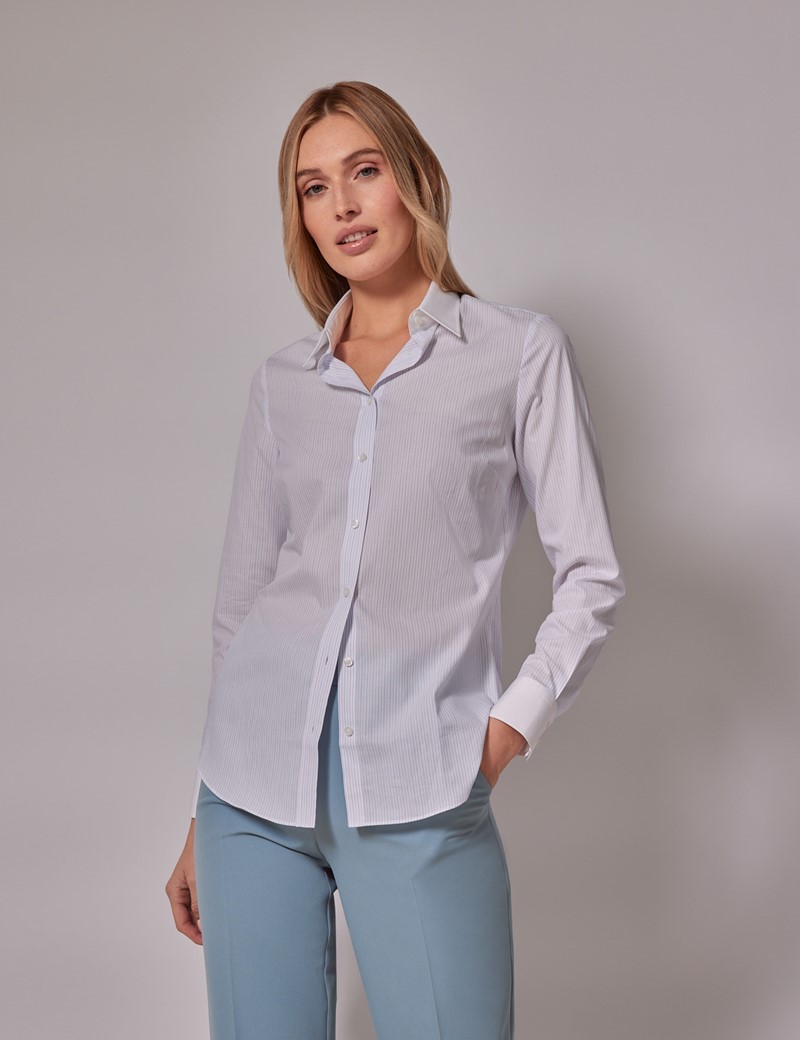 Woman's Executive White & Blue Stripe Semi-Fitted Shirt - White Collar ...