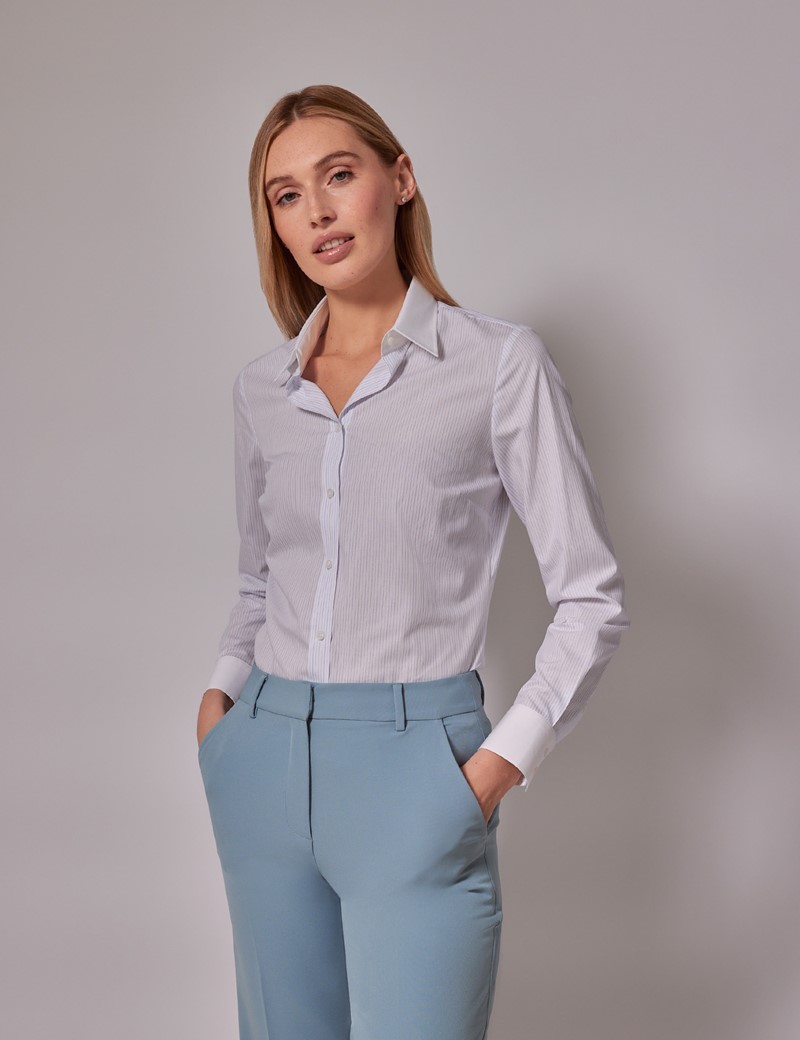 Woman's Executive White & Blue Stripe Semi-Fitted Shirt - White Collar ...