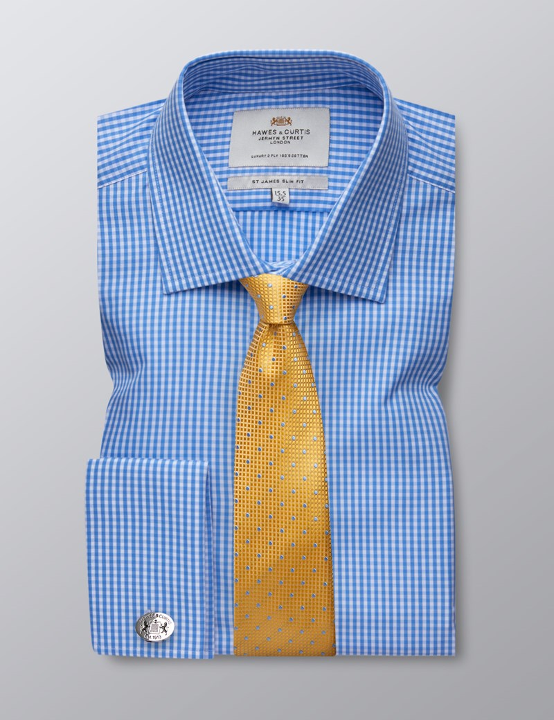 Men S White Blue Gingham Plaid Slim Fit Dress Shirt French Cuff Easy Iron Men S White Blue Gingham Plaid Slim Fit Dress Shirt French Cuff Easy Iron