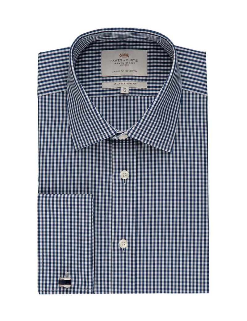 Men's Formal White & Navy Gingham Check Slim Fit Shirt Double Cuff