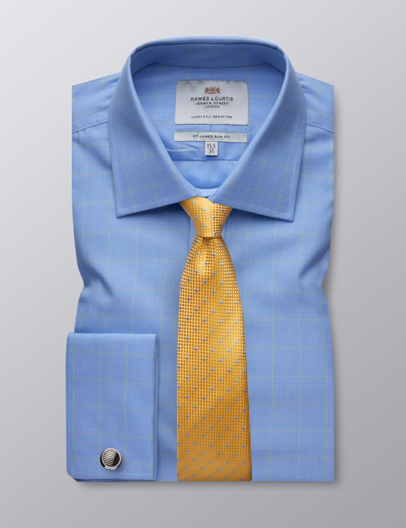Men's Blue & Yellow Prince of Wales Check Slim Fit Dress Shirt - French ...