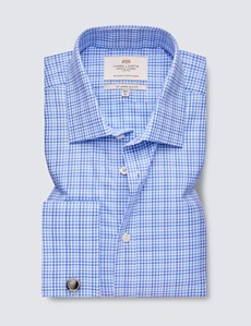Easy Iron Blue & White Check Relaxed Slim Fit Shirt With Semi Cutaway Collar - Double Cuffs