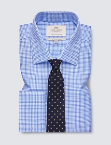 Easy Iron Blue & White Check Relaxed Slim Fit Shirt With Semi Cutaway Collar - Double Cuffs