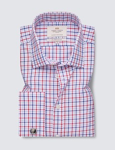 Easy Iron Red & Navy Check Relaxed Slim Fit Shirt With Semi Cutaway Collar - Double Cuffs