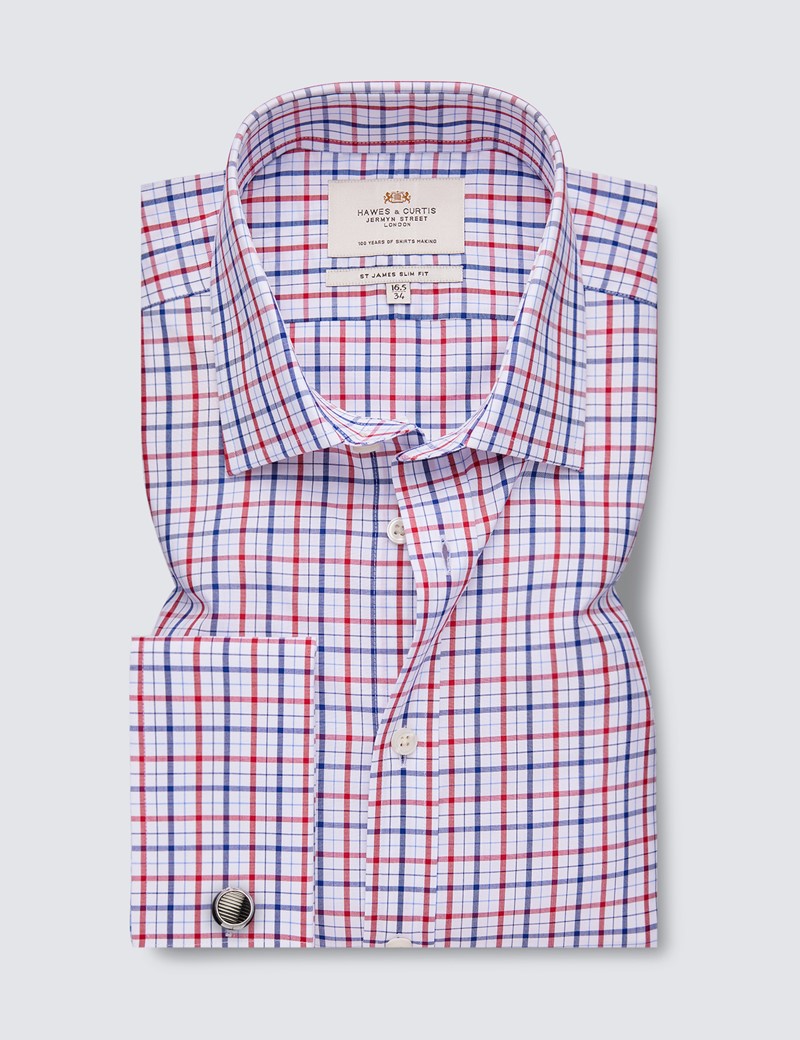 Easy Iron Red & Navy Check Relaxed Slim Fit Shirt With Semi Cutaway Collar - Double Cuffs