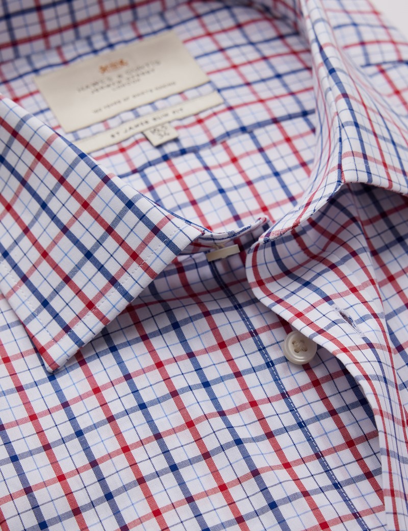 Easy Iron Red & Navy Check Relaxed Slim Fit Shirt With Semi Cutaway Collar - Double Cuffs