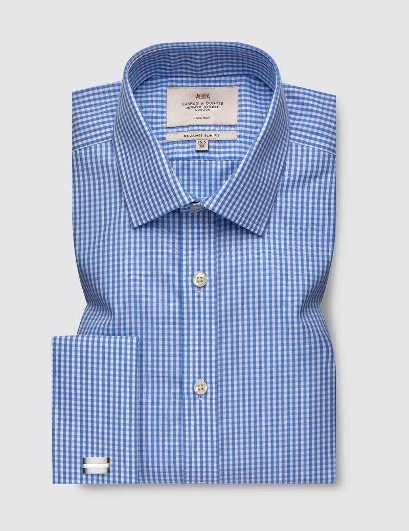 Men's Formal Blue & White Gingham Check Slim Fit Shirt - Double Cuff ...