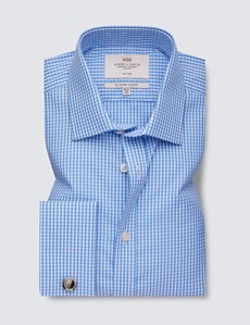 Non Iron Blue & White Gingham Check Relaxed Slim Fit Shirt - Double Cuffs