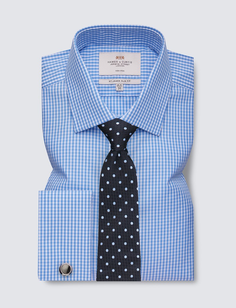 Men's Formal Blue & White Gingham Check Slim Fit Shirt - Double Cuff - Non Iron