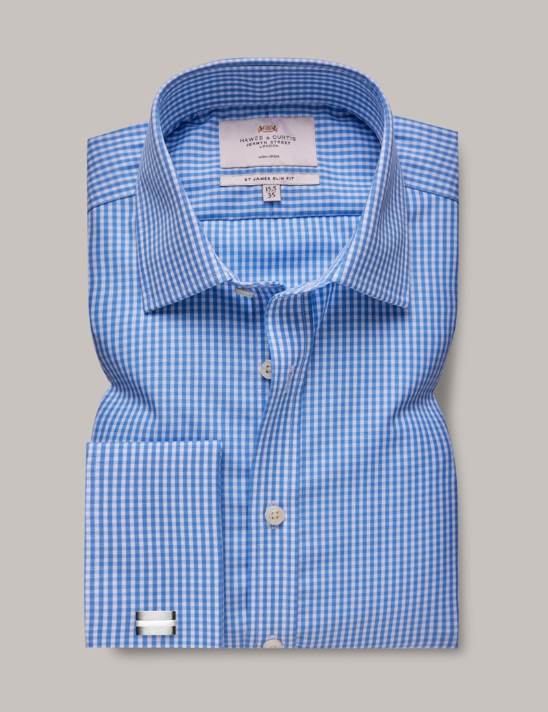 Men's Non-Iron Blue & White Gingham Check Slim Shirt - Double Cuff ...