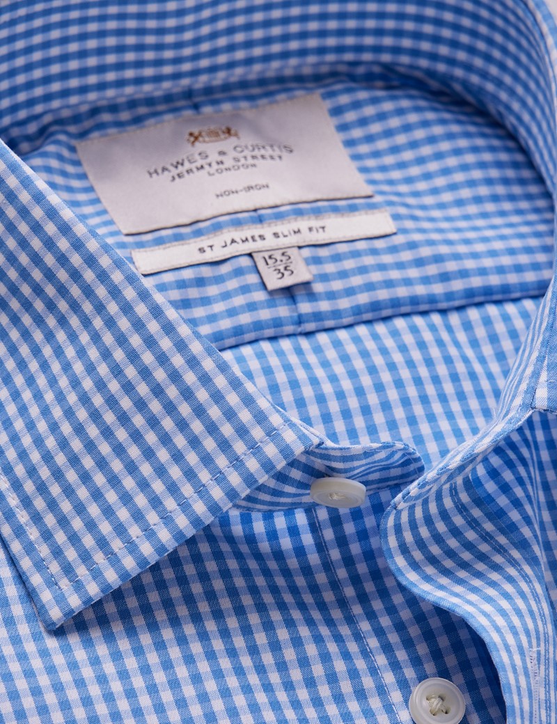 Men's Non-Iron Blue & White Gingham Check Slim Shirt - Double Cuff ...