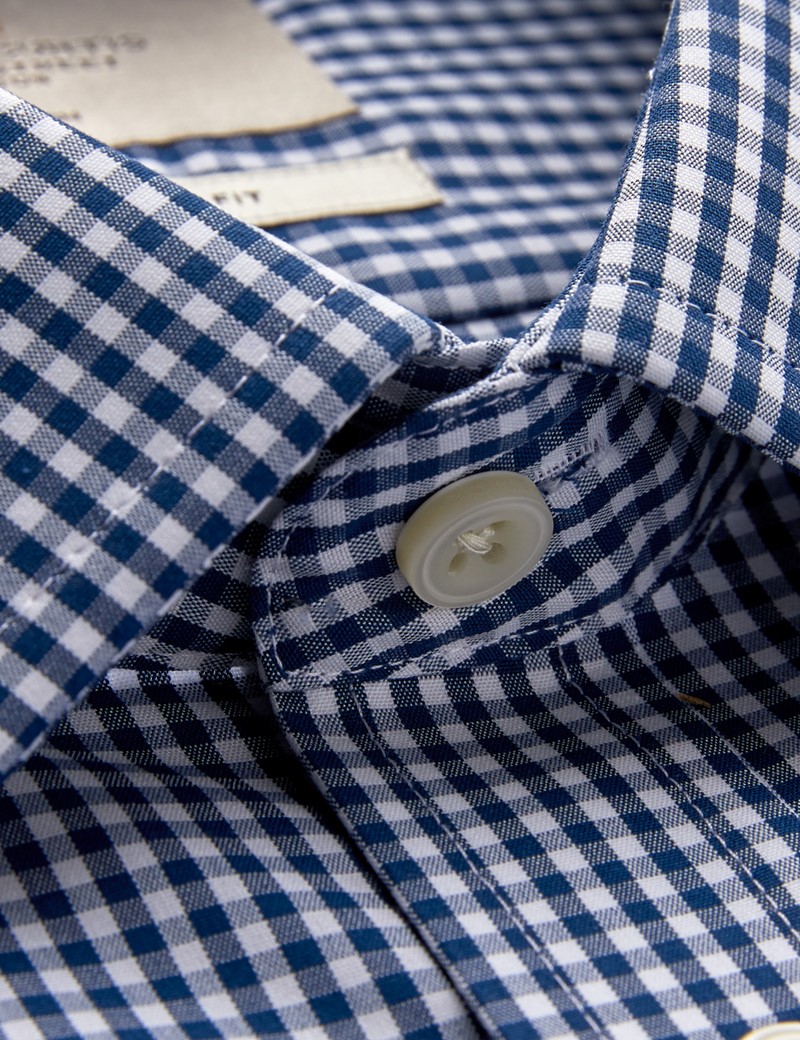 Men's Dress Navy & White Gingham Plaid Slim Fit Shirt - French Cuff - Non Iron