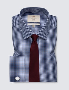 Men's Formal Navy & White Gingham Check Slim Fit Shirt - Double Cuff - Non Iron