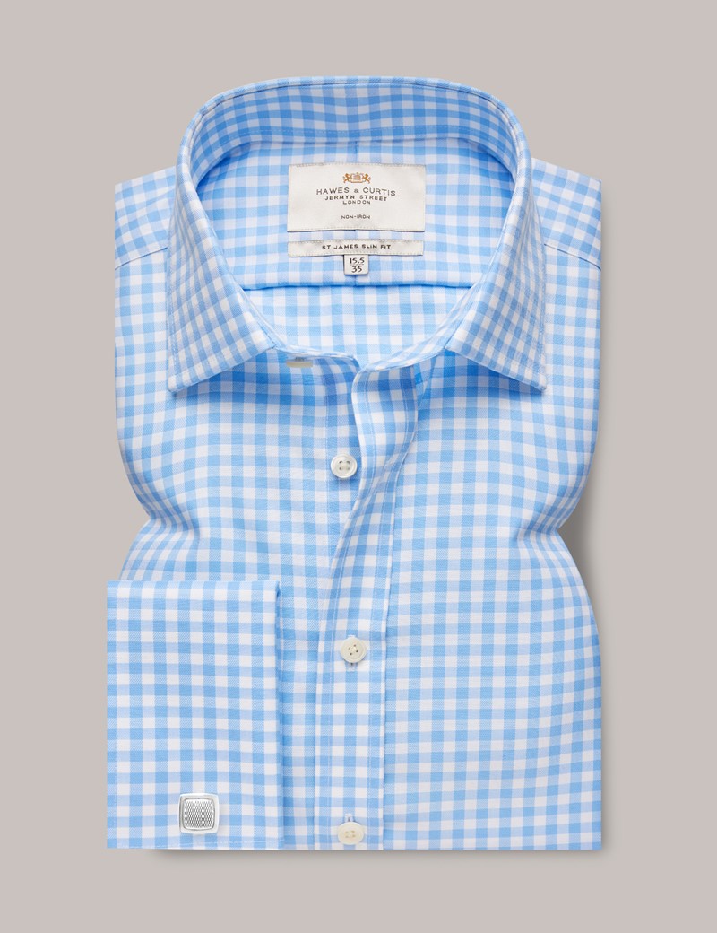 Men's Non-Iron Blue & White Large Gingham Check Slim Shirt