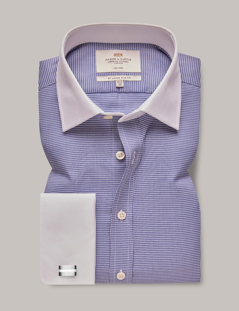 Men's NonIron Navy & White Dogtooth Slim Shirt With White Collar and Cuffs