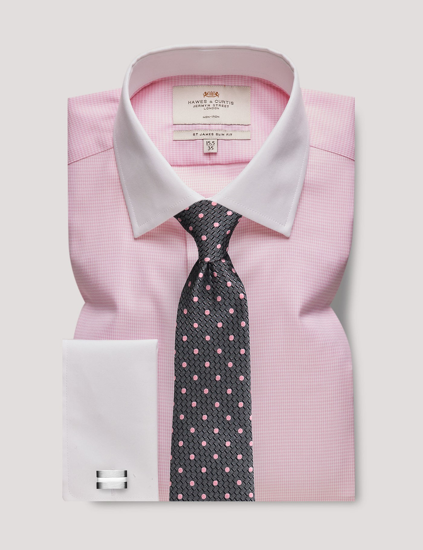 Hawes & Curtis Slim Fit Pink & White Dogtooth Twill Non-Iron Shirt | Contrast Detail Size: 16.5" collar, 37" sleeve image 3