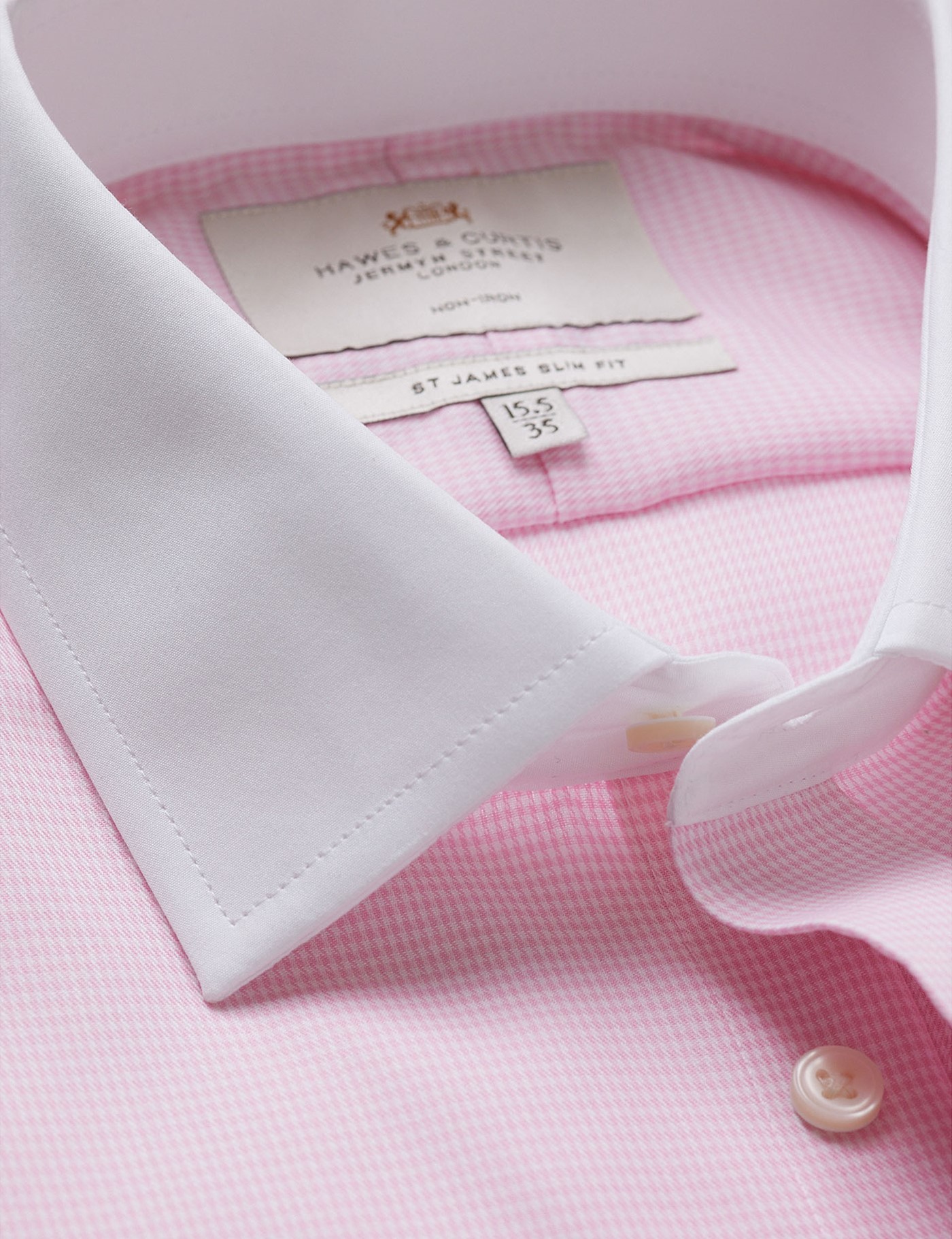 Hawes & Curtis Slim Fit Pink & White Dogtooth Twill Non-Iron Shirt | Contrast Detail Size: 15.5" collar, 35" sleeve