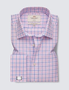 Non Iron Blue & Pink Check Relaxed Slim Fit Shirt - Double Cuffs