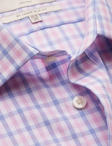 Non Iron Blue & Pink Check Relaxed Slim Fit Shirt - Double Cuffs