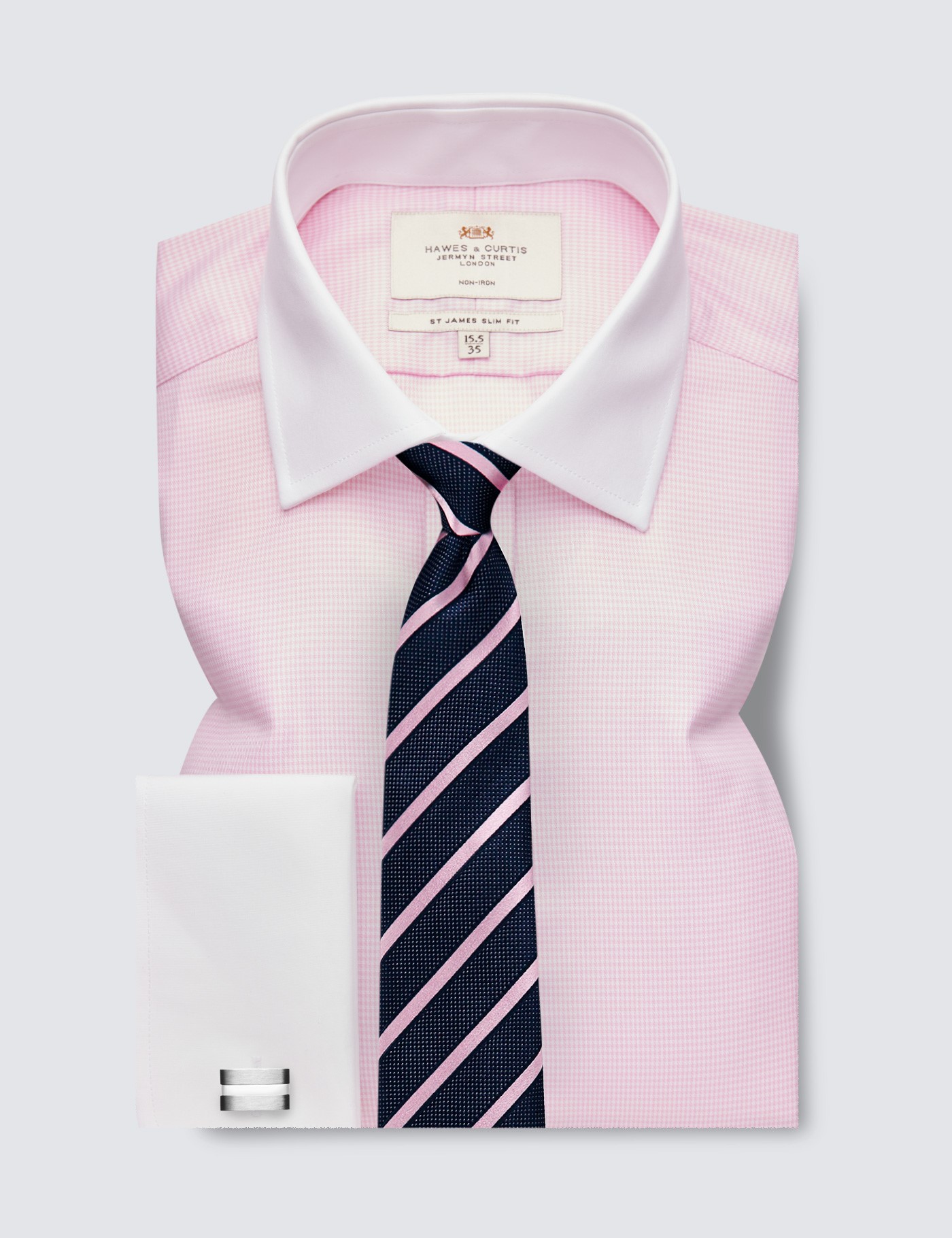 Non Iron Pink & White Dogstooth Slim Fit Shirt With White Collar ...