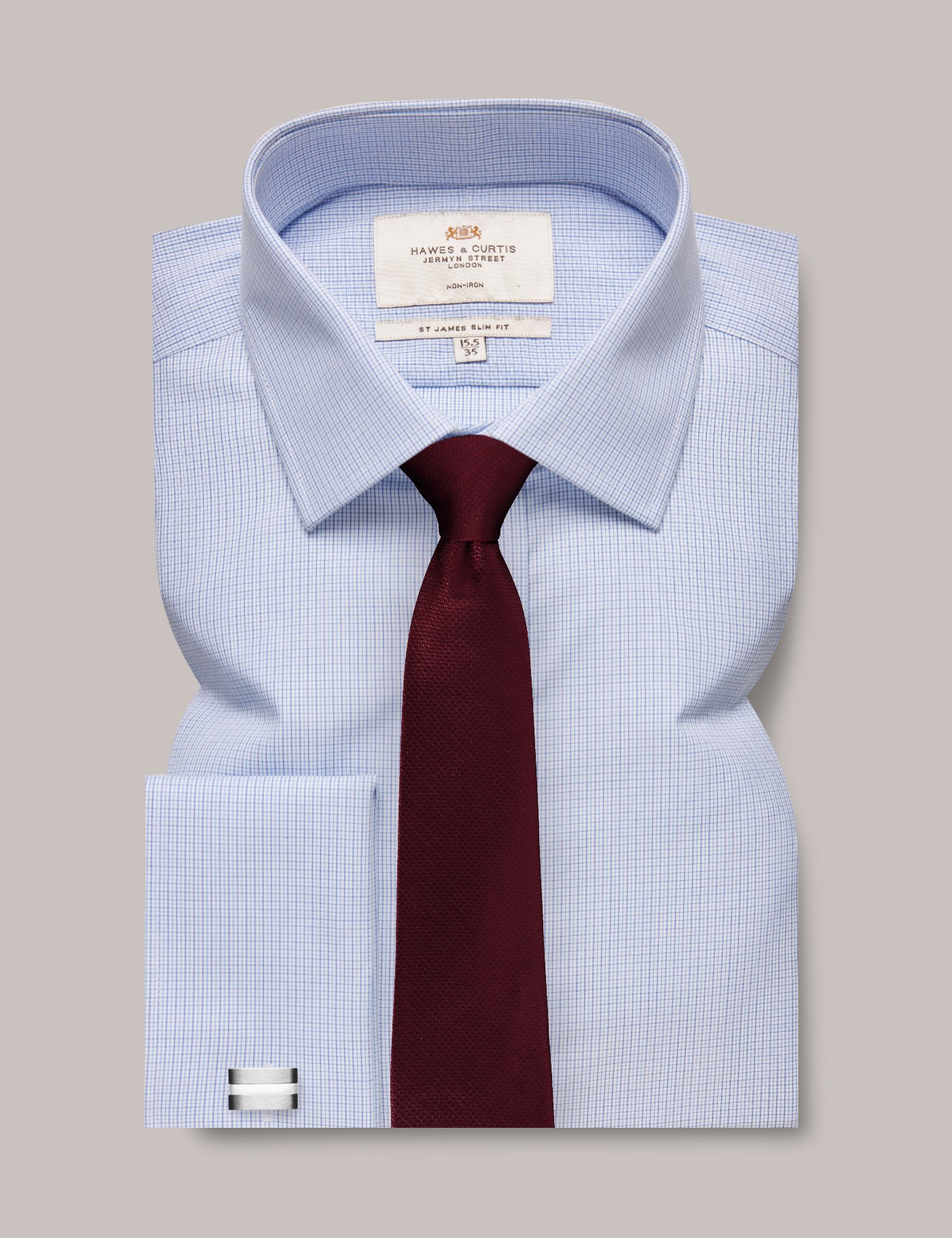 Men's NonIron Navy & Blue Plaid Slim Shirt French Cuff