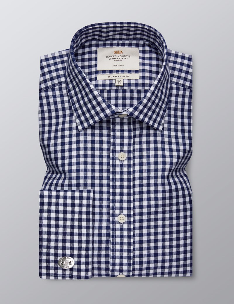 Men's Dress Navy & White Gingham Plaid Slim Fit Shirt - French Cuff ...