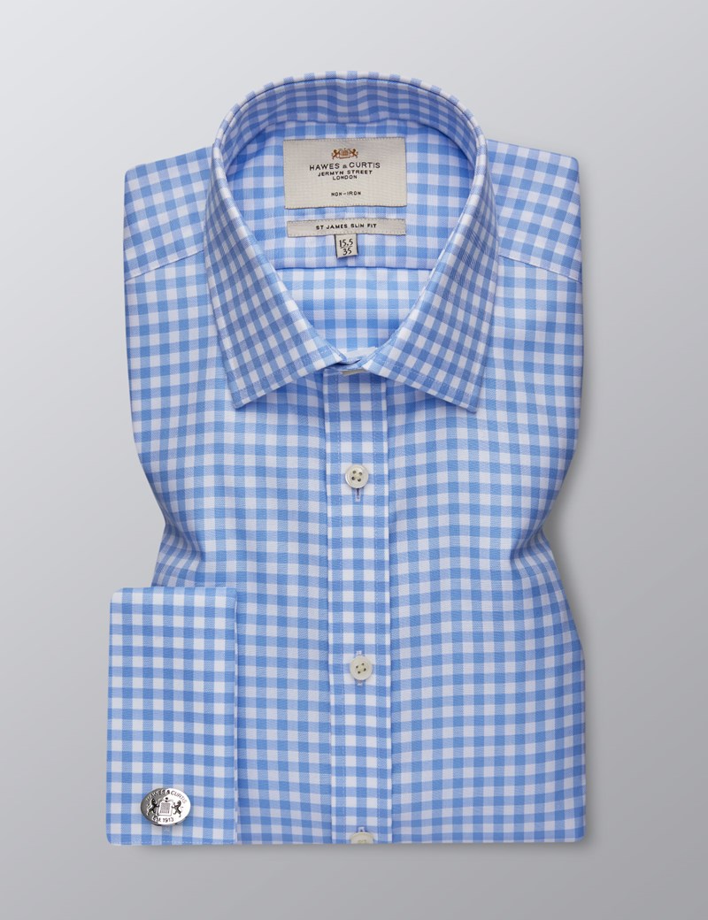 Men's Formal Blue & White Gingham Check Slim Fit Shirt - Double Cuff ...