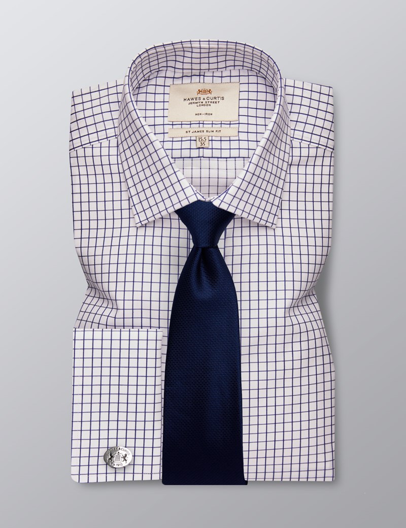 Men's Formal Navy & White Grid Check Slim Fit Shirt Double Cuff Non